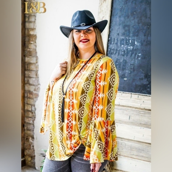 L&B Tops - L&B Women's Southwestern Bell Sleeve Front Knot Flowy Blouse
